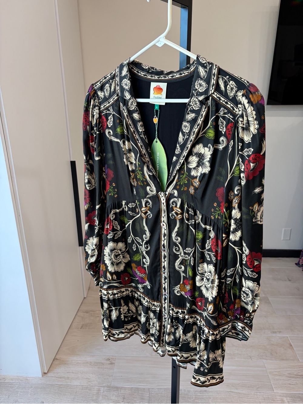 Farm Rio: Black Rococo Flowers Mini Dress - Picture 4 of 11